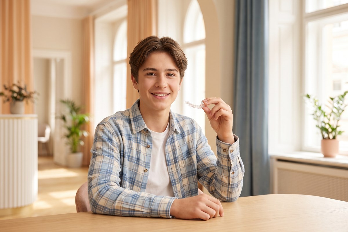 Teenager mit unsichtbarer Zahnspange (Invisalign Teen) in Wien